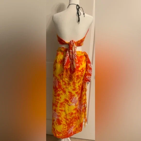 Bikini Top & Long Sarong Wrap Skirt, One Size, Orange, White & Yellow Color, EUC - Picture 6 of 10